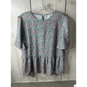 Floral Print Peplum Pullover Shirt Top Womens XL Green Pink Short Sleeve Summer